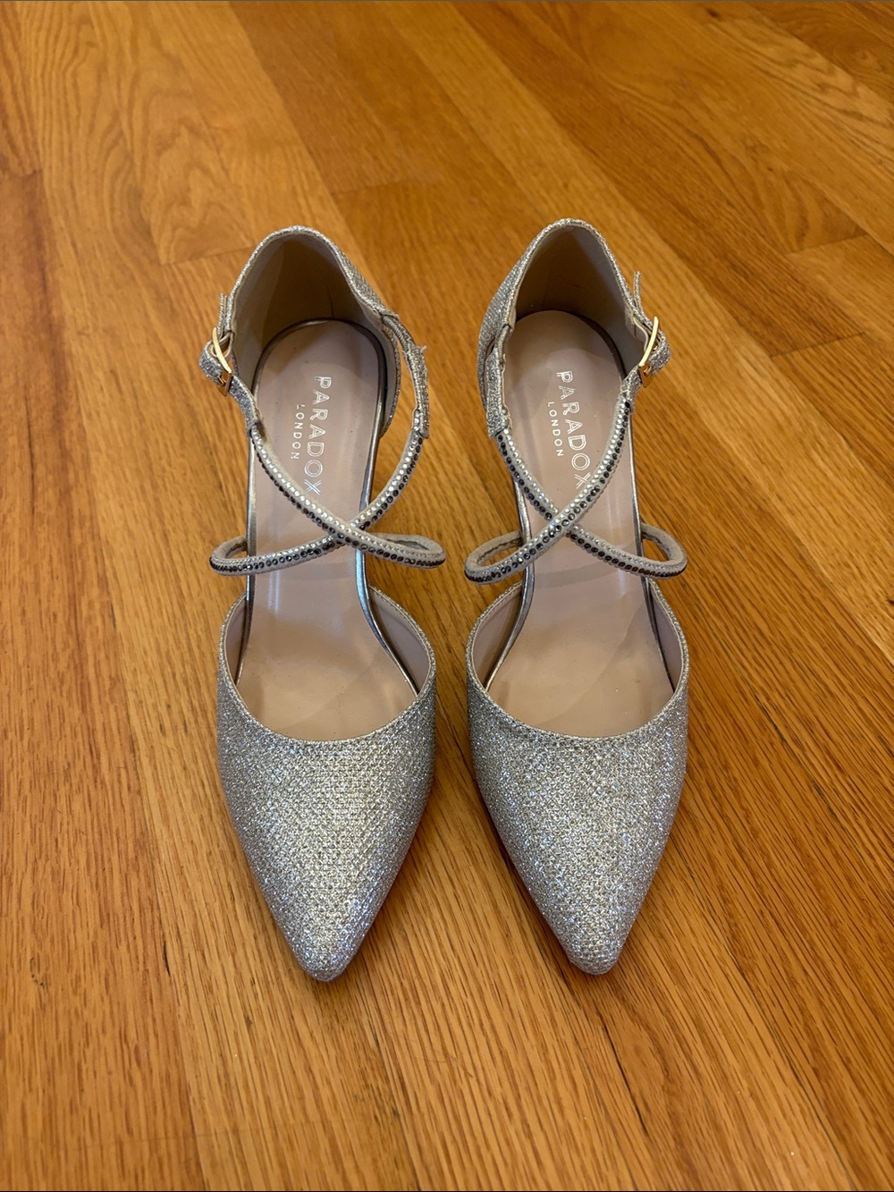 Paradox Silver Glitter Pointed Toe Ankle Strap Pumps